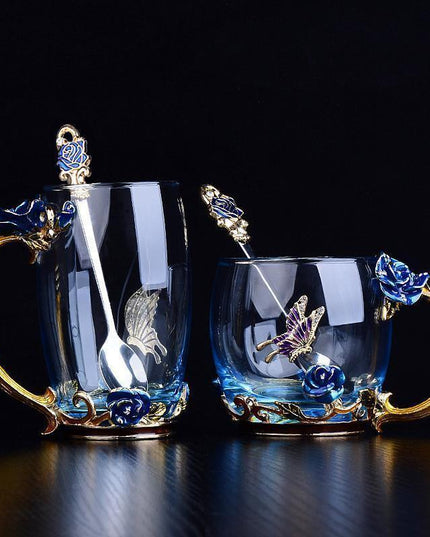 Elegant Blue Rose Enamel Crystal Tea Mug - Perfect for Special Celebrations