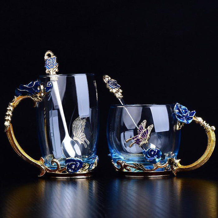Blue Rose Enamel Crystal Cup - High-quality Glass Tea Mug with Handle - Ideal Gift for Special Occasions