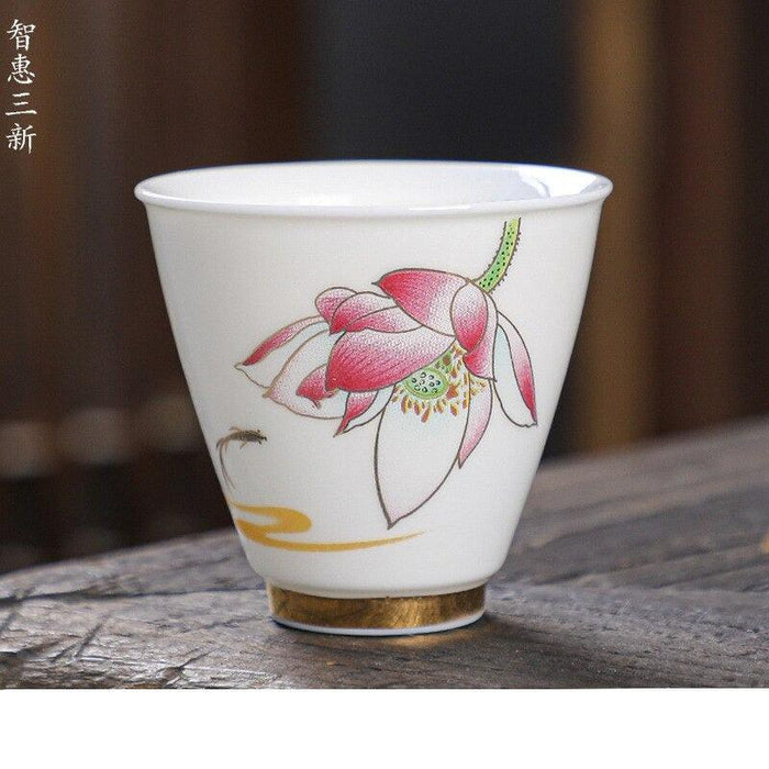 Crane Elegance White Porcelain Tea Cup for Good Fortune