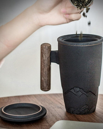 Elegant Zen Ceramic Mug Set with Wooden Handle & Infuser Lid - Ideal for Tea & Coffee Enthusiasts
