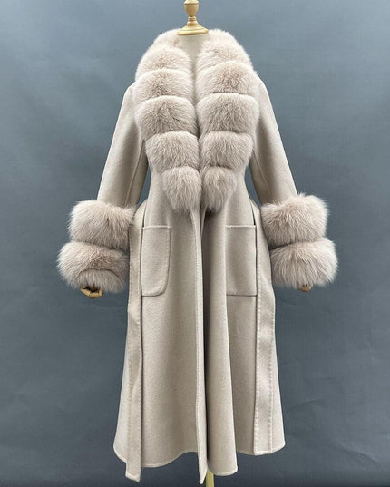 Chic Reversible Cashmere Coat with Fox Fur Trim - Women's Winter Elegance