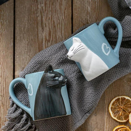 Romantic Cat-Themed Couple's Ceramic Coffee Mugs - Set of 2