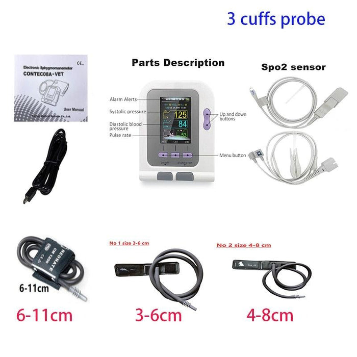 CONTEC08a Vet Animal Blood Pressure Detector Can Be Equipped With Blood Oxygen Function Probe And Cuff Of Various Sizes-0-Très Elite-China-3 cuffs probe-Très Elite