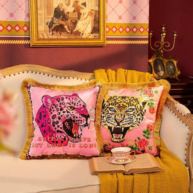 Chic Reversible Velvet Cushion Cover Featuring Pink Leopard and Tiger Print - Stylish Accent for Modern Decor