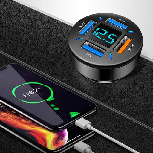 Smart Car Charger with Real-Time Battery Monitoring, 4 USB Ports, and Quick Charge Technology - Perfect for Road Trips