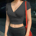 Curve-Enhancing Black Crop Top with V Neck for Women