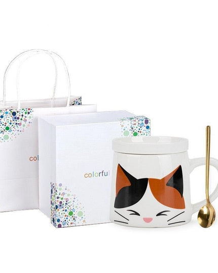 Adorable Cat-Inspired Ceramic Mug Set with Matching Spoon and Lid