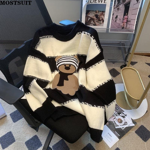 Cozy Bear Striped Knitted Sweater: Oversized, Cartoon Fashion Top