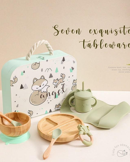 Bamboo Baby Feeding Set with Suction Plates and Rattle Toy - 7-Piece Collection