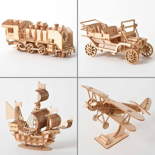 Wooden Transport 3D Puzzle Toy Set - Sailing Ship, Train, and Airplane Models for Imaginative Play