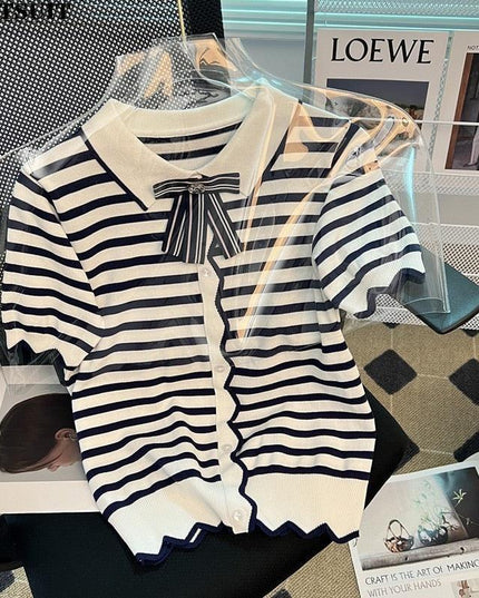 Elegant Striped Summer Knit Top with Bowtie Detail - Lightweight and Stylish