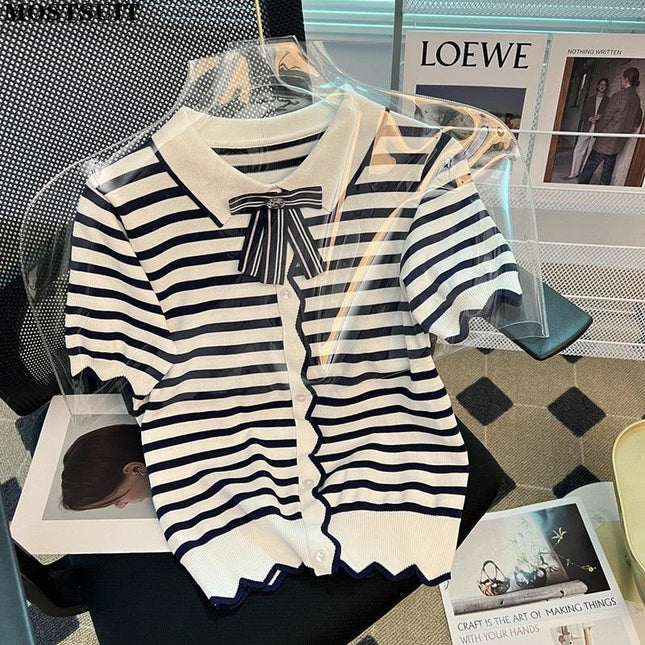Elegant Striped Summer Knit Top with Bowtie Detail - Lightweight and Stylish