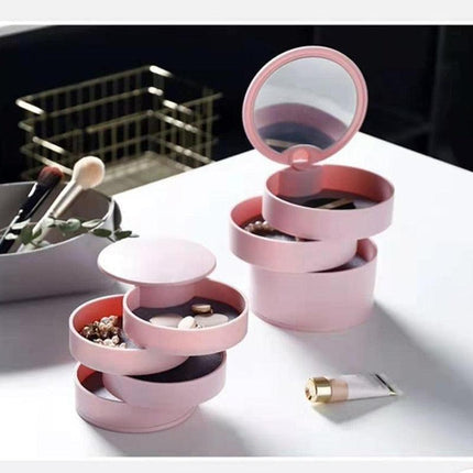 Chic European Jewelry Organizer with Rotating Mirror and Multi-Tiered Storage