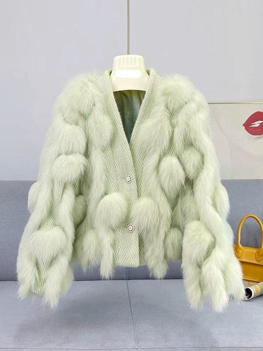 Elegant White Fox Fur Knitted Cardigan - Luxe Winter Statement