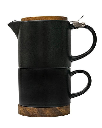 Elegant Nordic-Japanese Ceramic Tea Set with Acacia Wood Lid and Integrated Strainer