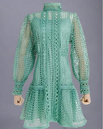 Elegant Lantern Sleeve Vintage Dress with Chic Stand Collar