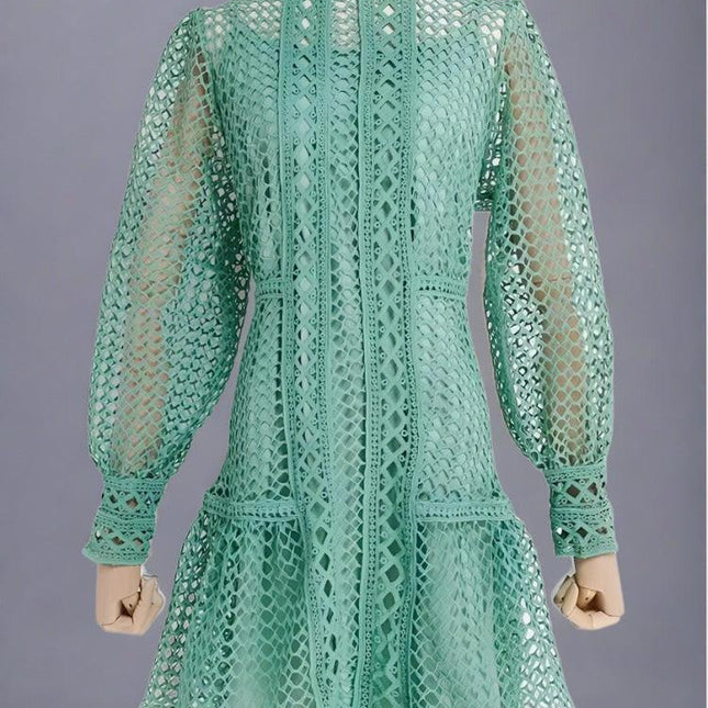 Elegant Lantern Sleeve Vintage Dress with Chic Stand Collar