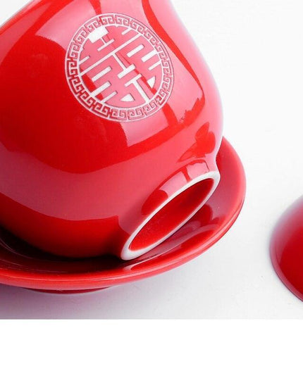 Elegant Red Ceramic Chinese Wedding Tea Ceremony Set - Exquisite Teapot and Teacups for Memorable Celebrations