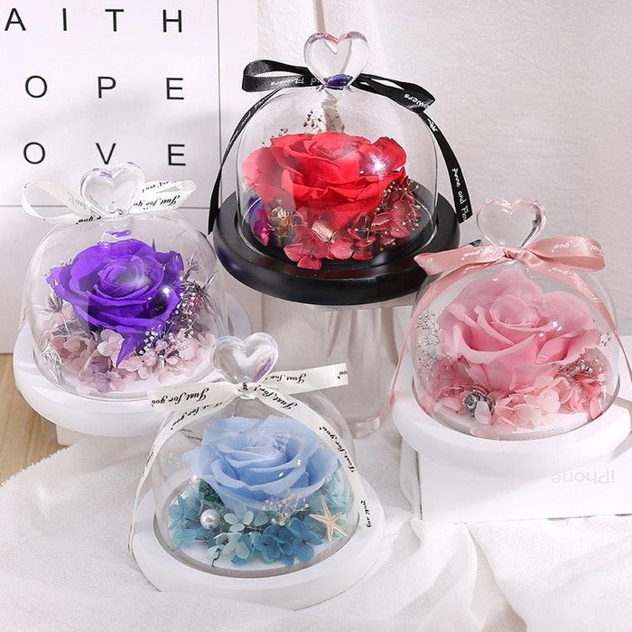Eternal Love Radiance: Enchanted Real Rose in Glass Dome with Glowing Lights - Eternal Rose Beauty: Symbol of True Love and Elegance