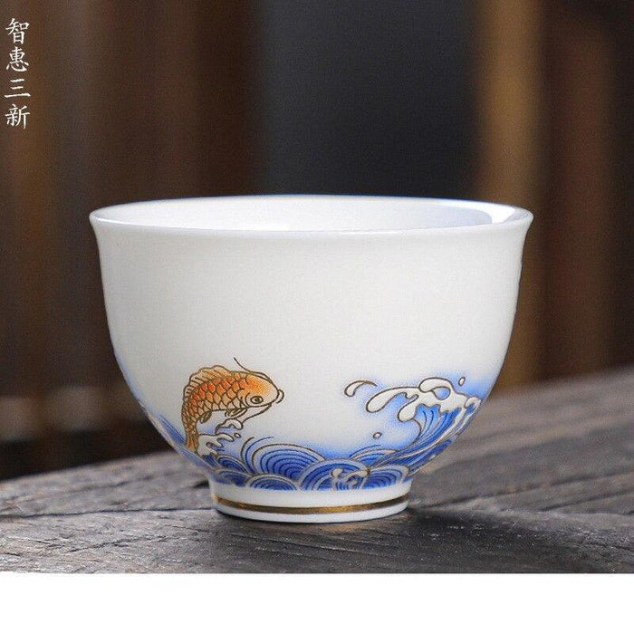 Crane Elegance White Porcelain Tea Cup for Good Fortune