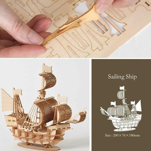 Wooden 3D Puzzle Toy Set - Sailing Ship, Train, and Airplane Models for Creative Learning