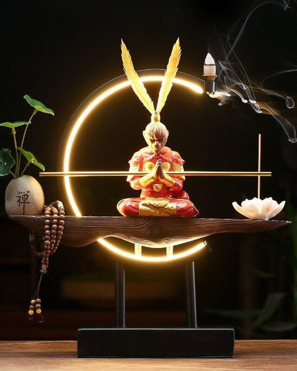 Epic Saga: Sūn Wùkōng vs. Buddha Zen Ceramic Light and Incense Sculpture - Enchanting Asian Home Decor