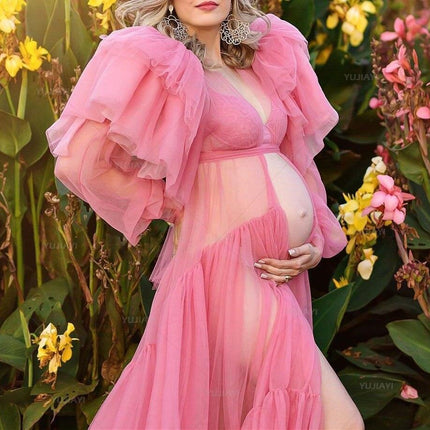Chic Pink Maternity Robe with Elegant Ruffles and Tulle Accents