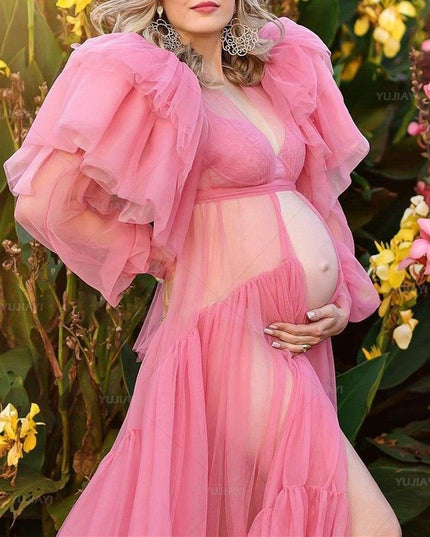 Chic Pink Maternity Robe with Elegant Ruffles and Tulle Accents