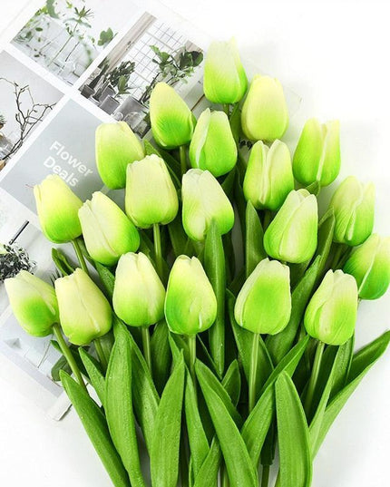 Charming Yellow and White Realistic Tulip Bouquet - Set of 10 Lifeslike Flowers for Any Occasion