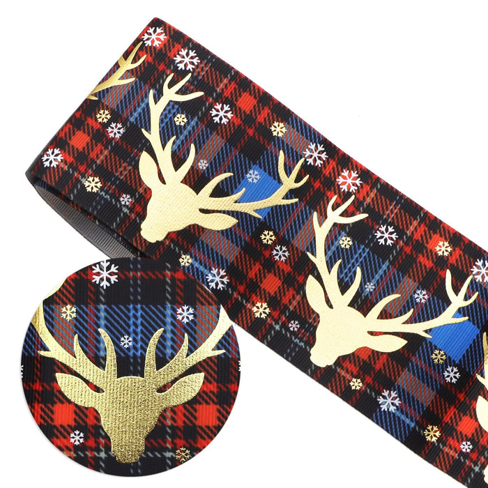 Festive Christmas Snowflake Deer Print Gold Foil Grosgrain Ribbon - 75mm Width