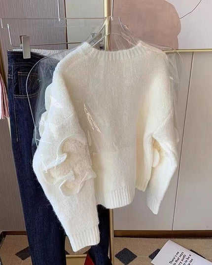 Floral Elegance Cozy Knit Pullover: Korean-Inspired Fashion for Autumn-Winter