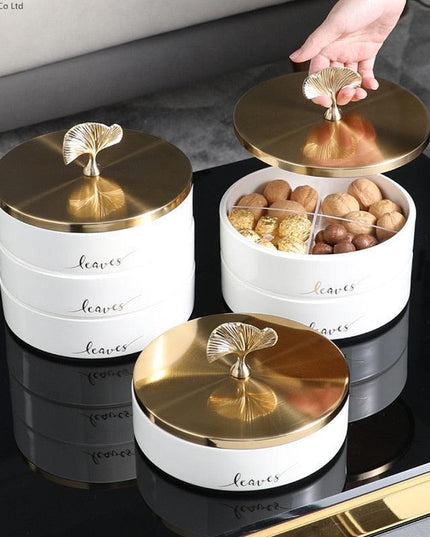 Elegant Ginkgo Leaf Ceramic Serving Tray with Stylish Metal Accents