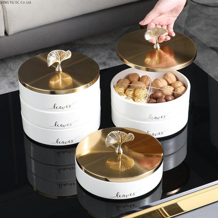 Elegant Ginkgo Leaf Ceramic Serving Tray with Stylish Metal Accents