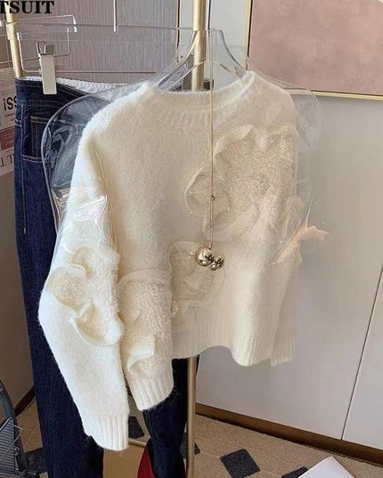 Floral Elegance Cozy Knit Pullover: Korean-Inspired Fashion for Autumn-Winter