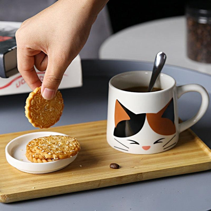 Whimsical Feline Ceramic Mug Set with Spoon and Lid