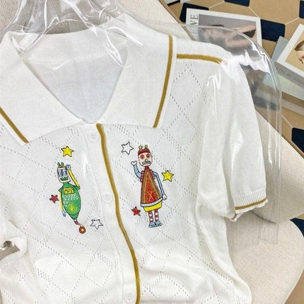 Whimsical Vintage Cartoon Knit Sweater with Embroidered Lapel