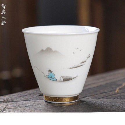 Crane Elegance White Porcelain Tea Cup for Good Fortune