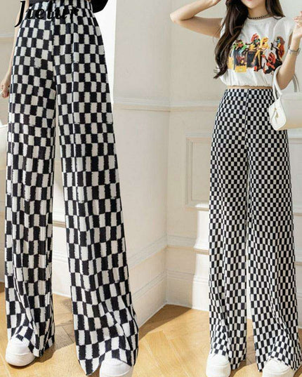 Trendy Black Checkerboard Wide-Leg Trousers for Petite Women in Korean Street Style