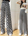 Korean Street Style Petite Women's Black Checkerboard Plaid Wide-Leg Pants