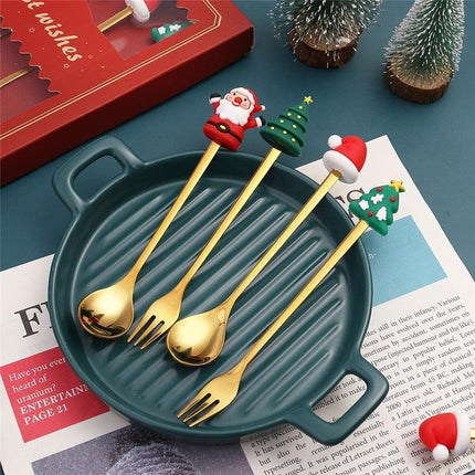 Santa's Joyful Holiday Silverware Duo - Cheerful Spoon and Fork Set for Festive Feasts
