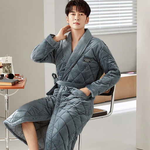 Winter Quilted Robe for Men - Three Layers, Thick Warmth, Velvet Comfort