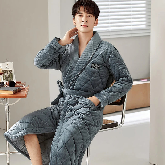 Luxurious Men's Velvet Quilted Robe - Triple Layer Warmth and Plushness