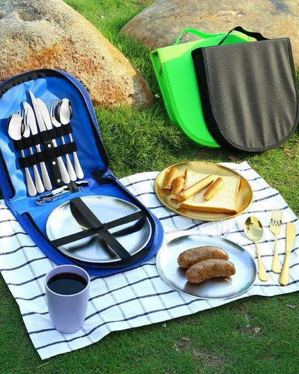 Compact Picnic Dining Set for Two - Durable Stainless Steel with Colorful Cloth Kit