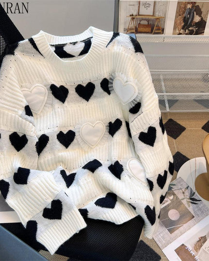 Elegant Heart Jacquard Knit Sweater - Luxury Edition with Ruffled Accents and Sparkling Details