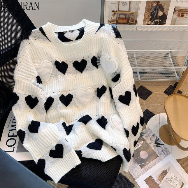 Elegant Heart Jacquard Knit Sweater - Luxury Edition with Ruffled Accents and Sparkling Details