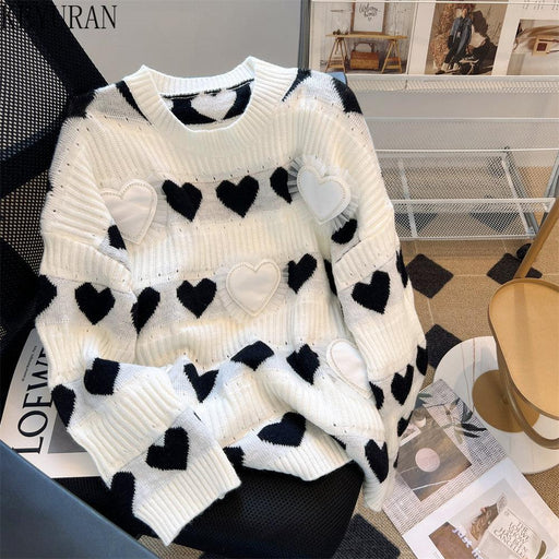 Luxe White Love Heart Jacquard Sweater: Exquisite Ruffles & Diamonds