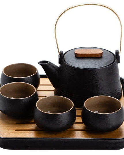 Elegant Japanese Tea Travel Set: Black Pottery Teaware with Convenient Carry Bag