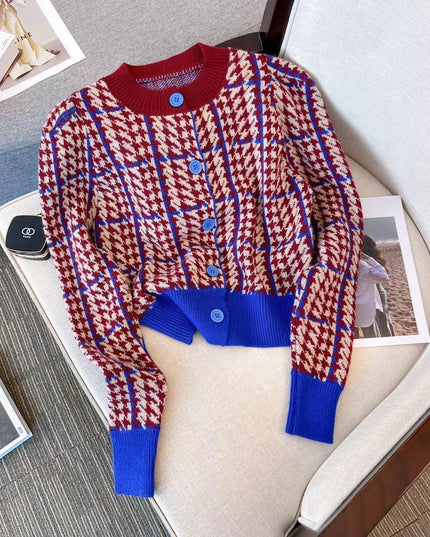 Chic Vintage Houndstooth Knit Cardigan - Timeless Style