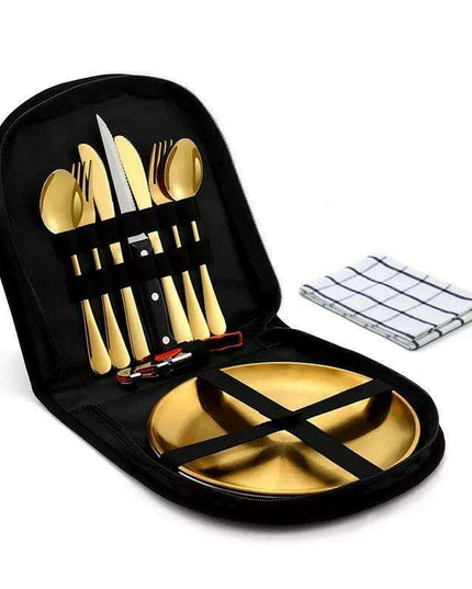 Compact Picnic Dining Set for Two - Durable Stainless Steel with Colorful Cloth Kit