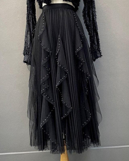 Elegant Pearl-Embellished Korean Party Skirt with High Elastic Waist